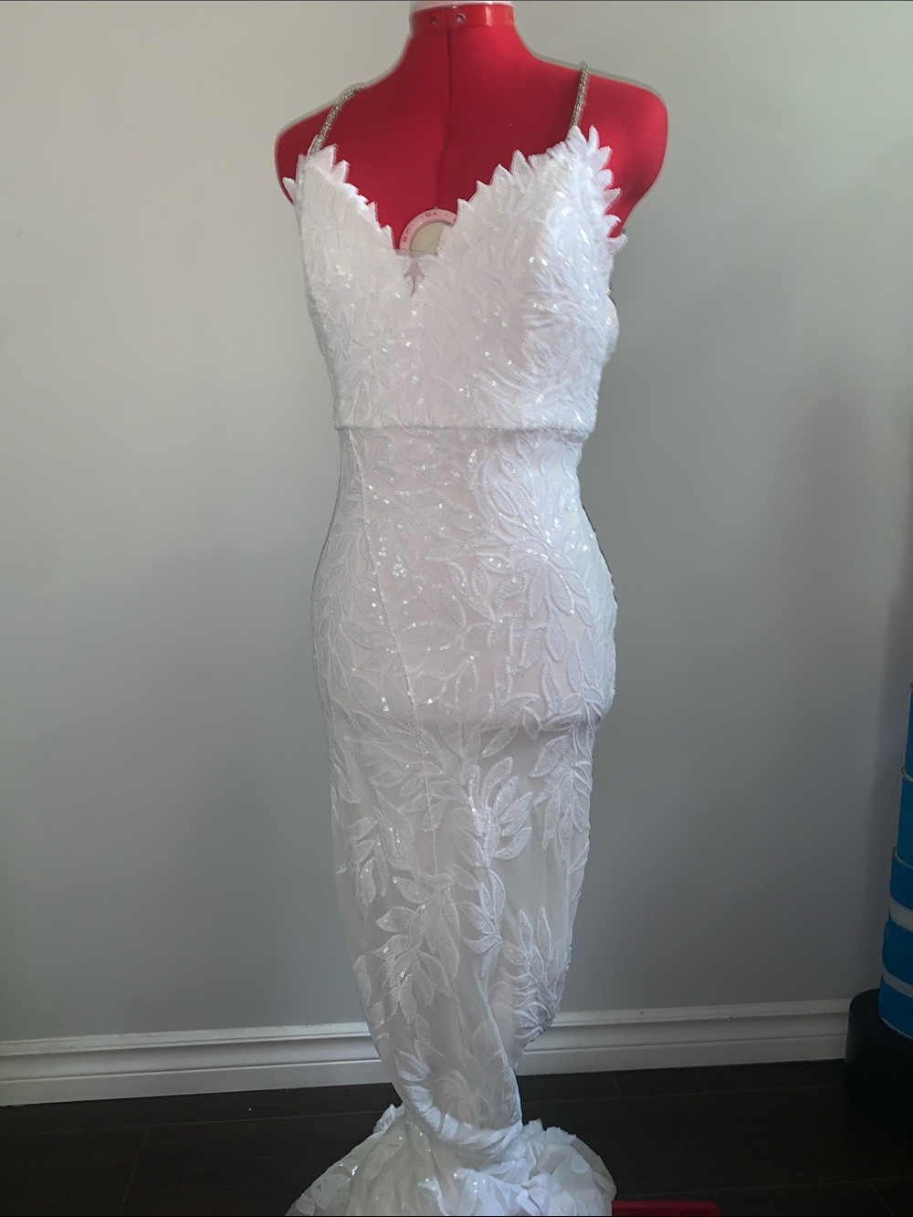 Fashion Nova White Sequin Leaf-Embellished Mermaid Gown